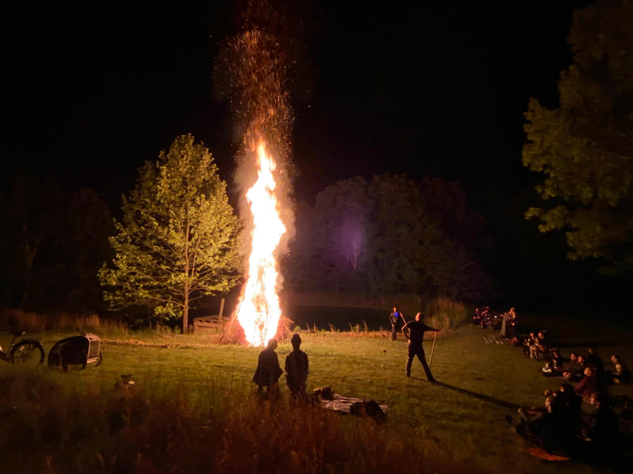 The effigy fire is a tall pillar of flame towering over the surrounding pond and trees at Xmas Burn 2024, a few scattered fire safety volunteers monitor the flames while the participants look on bathed in a warm glow.